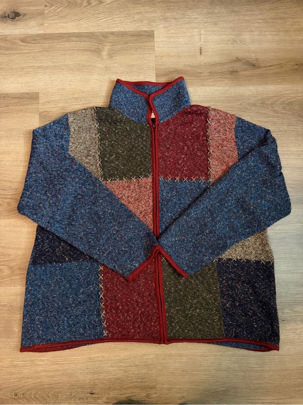 Women’s Patchwork Zip Cardigan Sweater in Blue & Red
